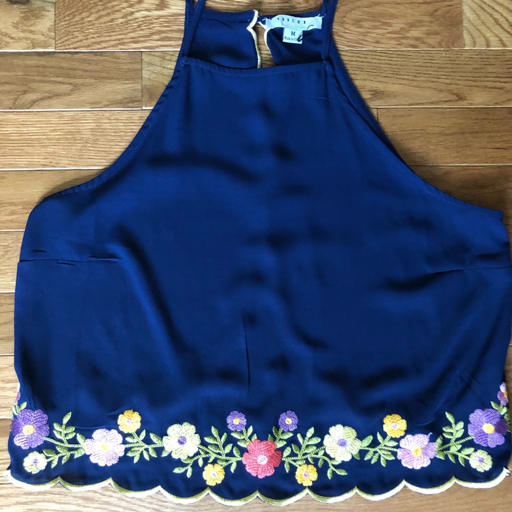 Navy Blue Flower Embroidered Top